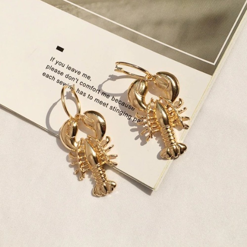 Unique preppy gold lobster hoop statement earrings